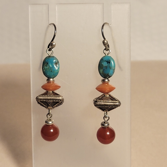 Turquoise Carnelian Dangle Earrings Sterling Silver Ear Hooks Beaded Boho - Picture 1 of 9